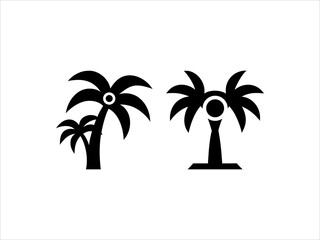 This image features a black and white silhouette of three palm trees of varying heights against a plain white background.