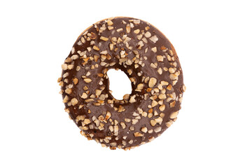 Donut au chocolat aux pépites de cacahuètes et noisettes vue de dessus, au format PNG pour incrustation