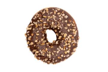 Donut au chocolat aux pépites de cacahuètes et noisettes vue de dessus, au format PNG pour incrustation