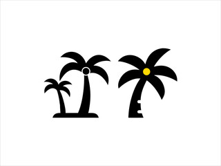 This image features a black and white silhouette of three palm trees of varying heights against a plain white background.