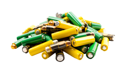 A pile of used aa batteries in yellow and green colors scattered on a black background in a studio shot