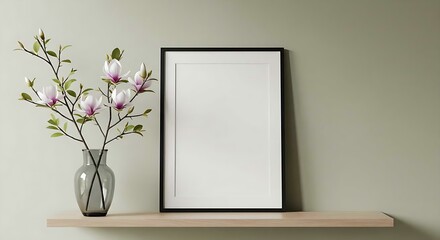 Vertical picture frame mockup with white mat and black border stands on a wooden shelf with a vase of blooming magnolia branches creating a modern interior design layout