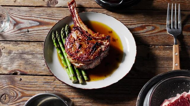 Succulent grilled tomahawk steak resting with asparagus on rustic wooden table, showcasing gourmet dining ambiance with cooking utensils and water glass