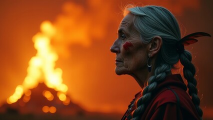 Native American Woman At Bonfire Ceremony
