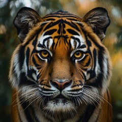 Fototapeta premium A breathtaking closeup of a Bengal tiger its piercing amber eyes staring directly into the camera The intricate details of its vibrant orange and black striped fur are accentuated