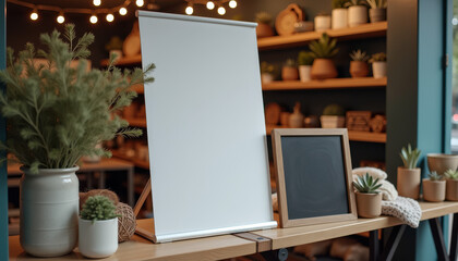 Pull up banner mockup. Blank promotional banner at artisan market stand with eco friendly handmade goods