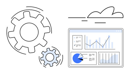 Obraz premium Gears representing efficiency alongside a digital dashboard showing charts, graphs, and metrics. Ideal for technology, data analysis, business strategy, workflow improvement, project management