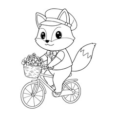 Cute little fox illustration riding bicycle. Fox coloring page for kids