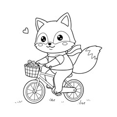 Cute little fox illustration riding bicycle. Fox coloring page for kids