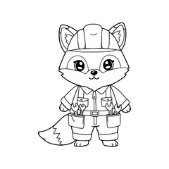 Cute little fox illustration wearing builder uniform. Fox coloring page 