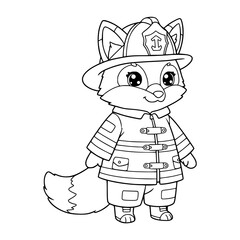 Cute little fox illustration wearing firefighter uniform. Fox coloring page for kids