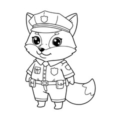 Cute little fox illustration wearing police uniform. Fox coloring page. Kawaii style