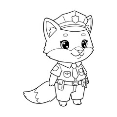 Cute little fox illustration wearing police uniform. Fox coloring page 