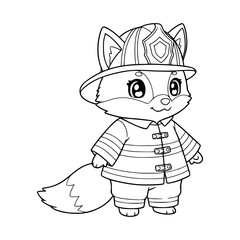 Cute little fox illustration wearing firefighter uniform. Fox coloring page for kids