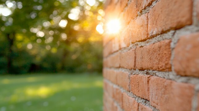 Brick Wall at Sunset with Green Background and Sunlight