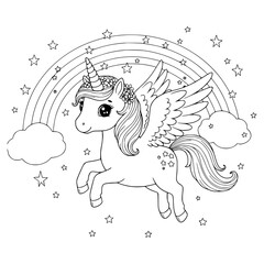 A beautiful Unicorn vector illustration in the sky with rainbow. Coloring page for kids