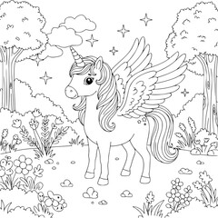 Cartoon of Unicorn vector illustration in the forest. Coloring page for kids
