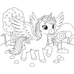 Cartoon of Unicorn vector illustration in candy land. Coloring page for kids