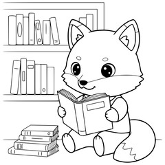Cute little fox illustration reading book. Fox coloring page for kids