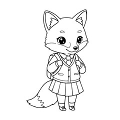 Cute little fox illustration using School uniform. Fox coloring page 