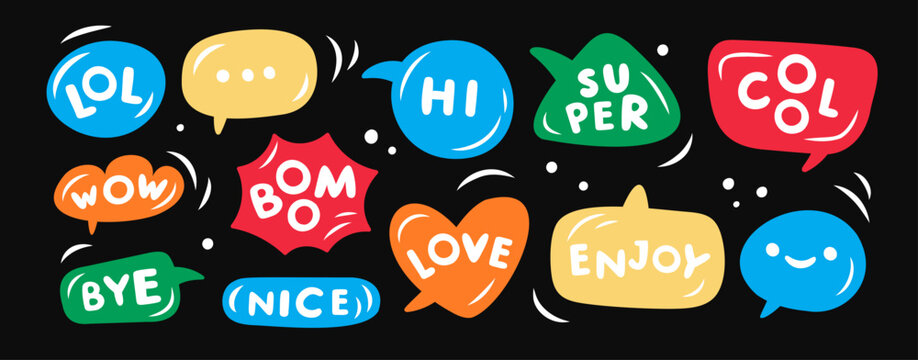 Naklejki Speech bubbles words stickers. Funny text balloons, rounded chubby font, comic words, dialogue thought clouds, color talk frames, communication box with comments, garish vector cartoon set