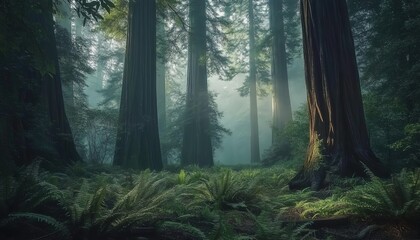 Obraz premium Dense redwood forest with sunlight filtering through foliage and ferns.