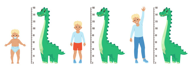 Kid measure height. Funny boy gradually growing process, ruler with dinosaur, childish wall meter, from toddler to teenager measurement, cartoon flat style isolated recent vector concept