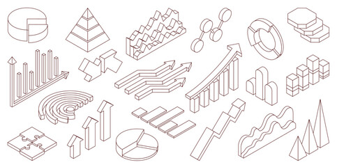 Isometric outline graphs. Data analysis charts, visual business statistics, diagram, pies, bars and arrows design, isolated information visualization line elements, nowaday vector isolated set
