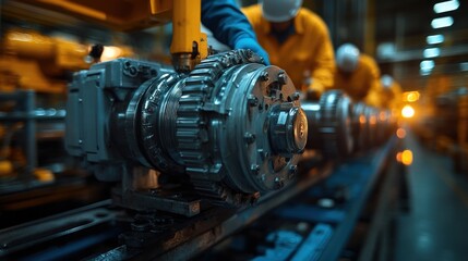 Fototapeta premium Workers assembling machinery in a factory setting with dynamic lighting and industrial atmosphere