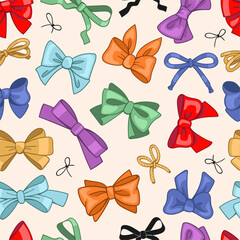 Color gift bows seamless pattern. Hairstyle accessories, decorative present packaging ribbons, holiday elements. Decor textile, wrapping, wallpaper. Print for fabric. Splendid vector background
