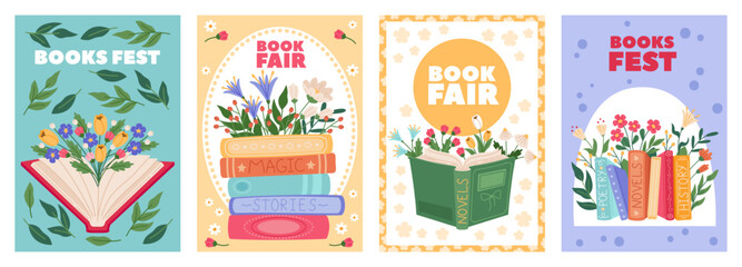 Book fair cards. Literary festival, beautiful blossom flowers, knowledge and education, romantic novels, spring mood, posters or flyer design cartoon flat style isolated recent vector set