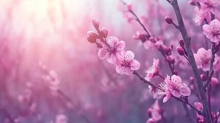 Obraz premium Blooming pink cherry branch on charming bokeh background. Delicate spring beauty