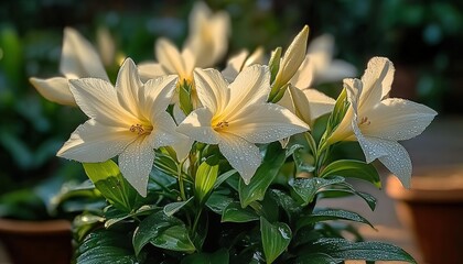 Obraz premium White lilies with water droplets, green leaves, and blurred foliage background.