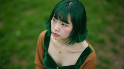 Naklejka premium Asian Woman With Green Bob Hairstyle