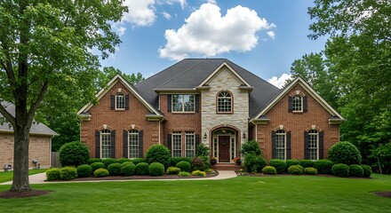 A stately two-story brick home with stone accents, elegant arched windows, and well-maintained landscaping is located at 9216 Winged Thistle Court in Raleigh, North Carolina.