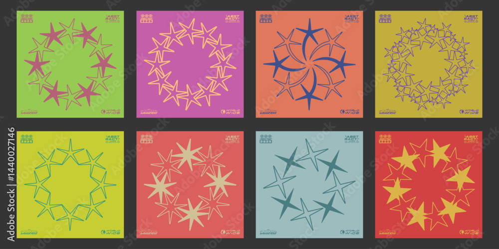 Aufkleber set of abstract stars circle shapes vector design. y2k retro covers. acid rave graphic elements.
