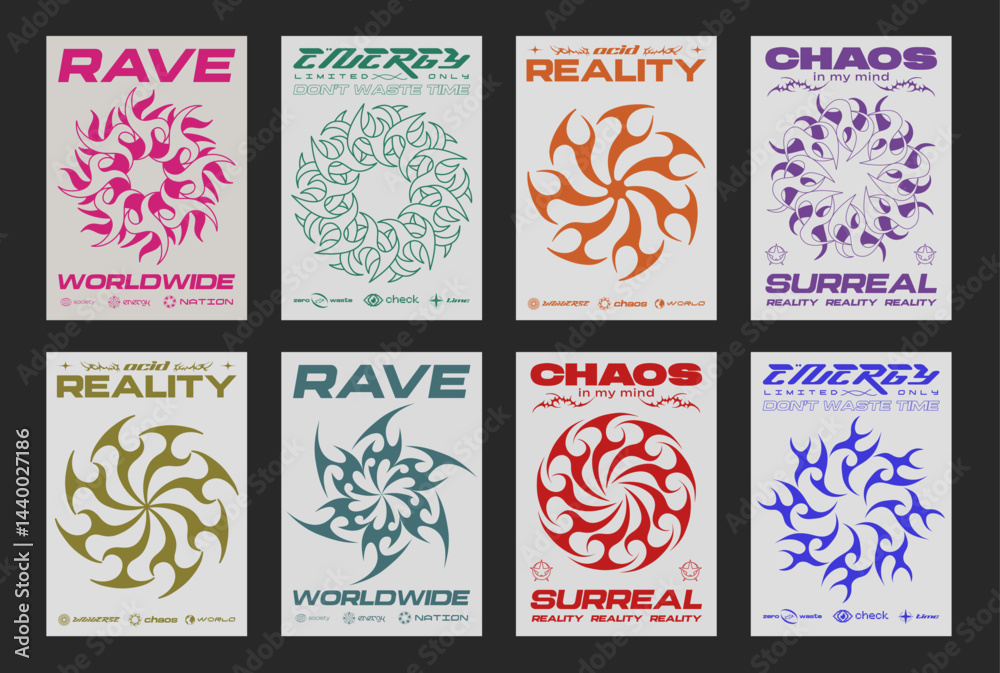 Aufkleber set of abstract y2k posters vector design. cool futuristic placards. streetwear surreal rave graphic
