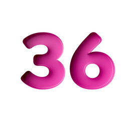 Vibrant pink number 36 Thirty six in bold gradient font with a slight shadow effect, 3d illustration