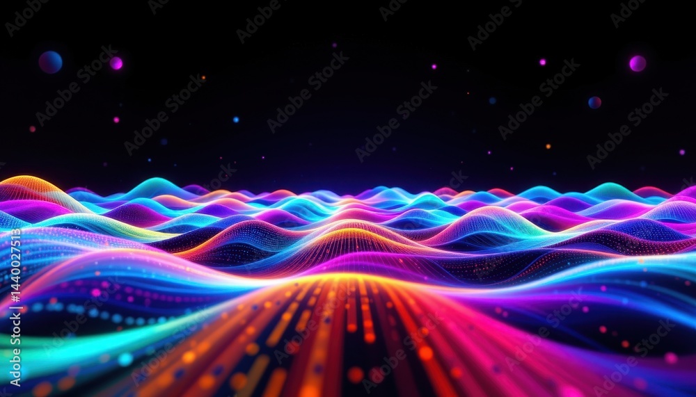 Poster digital waveforms visual representations of sound waves in vibrant hues, creating a dynamic audio vi