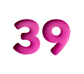 Vibrant pink number 39 Thirty nine in bold gradient font with a slight shadow effect, 3d illustration