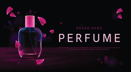 Perfume promo background with glass bottle