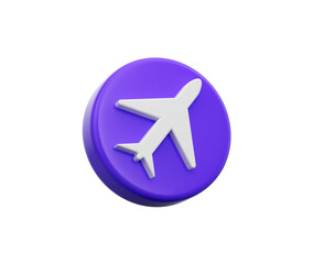 3D Purple coin with a white airplane on its surface, symbolizing travel or aviation. 3d illustration