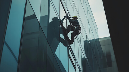Window Cleaner Abseiling Down a Modern Building