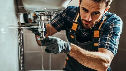 Plumber repairing a sink while checking for leaks in a modern bathroom