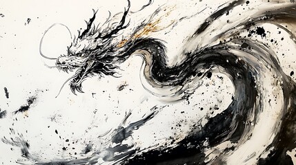 Beautiful hand-drawn dragon in traditional black and white ink style