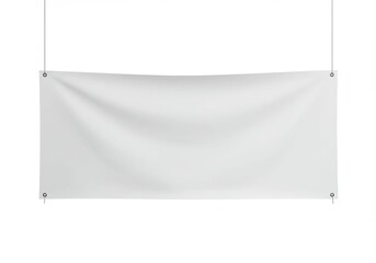 Blank white vinyl banner hanging from the ceiling with metal grommets on a white background plain view