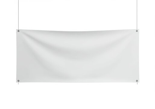 Blank white vinyl banner hanging from the ceiling with metal grommets on a white background plain view
