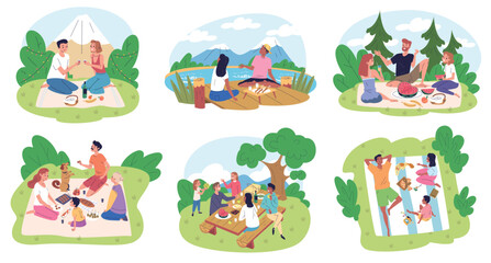 People picnic on nature. Family and friends with dog eat food on summer nature, couple romantic lunch in park garden table or mountain outdoor recreation classy vector illustration