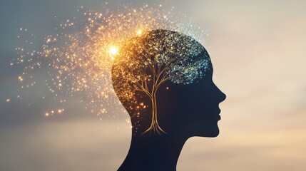 Emotion conflict inner mental. A silhouette of a human head with a glowing tree inside, symbolizing growth, creativity, and the power of the mind.