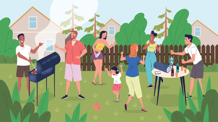 People bbq party. Family barbecue on backyard garden, neighbors friends cooking grill food meat outside picnic summer park outdoor lunch weekend leisure, classy vector illustration
